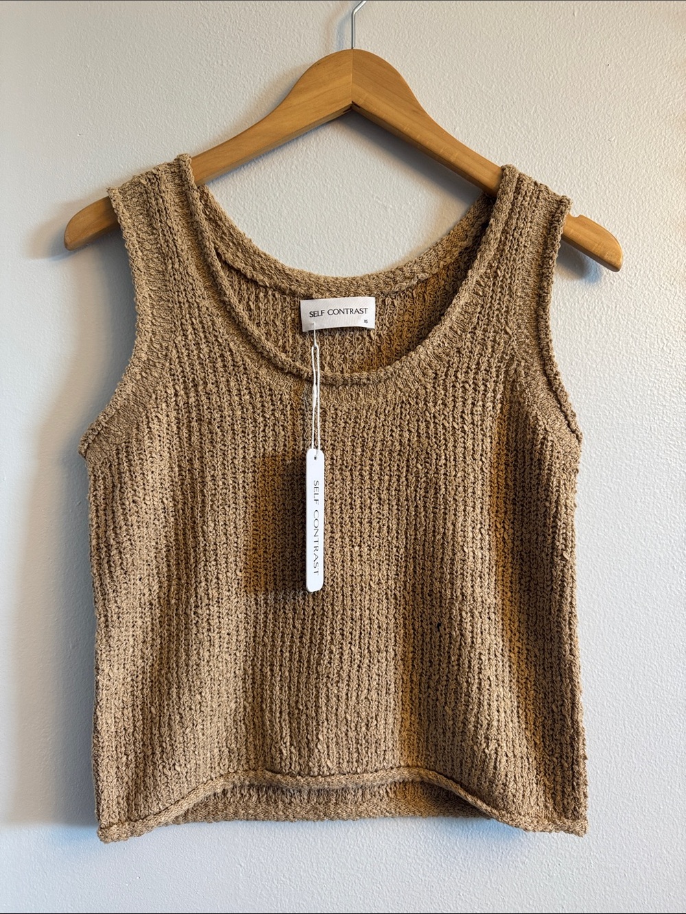 NWT Self Contrast Open Knit Crop Tank XS Camel Tan Sweater Vest Clean Girl